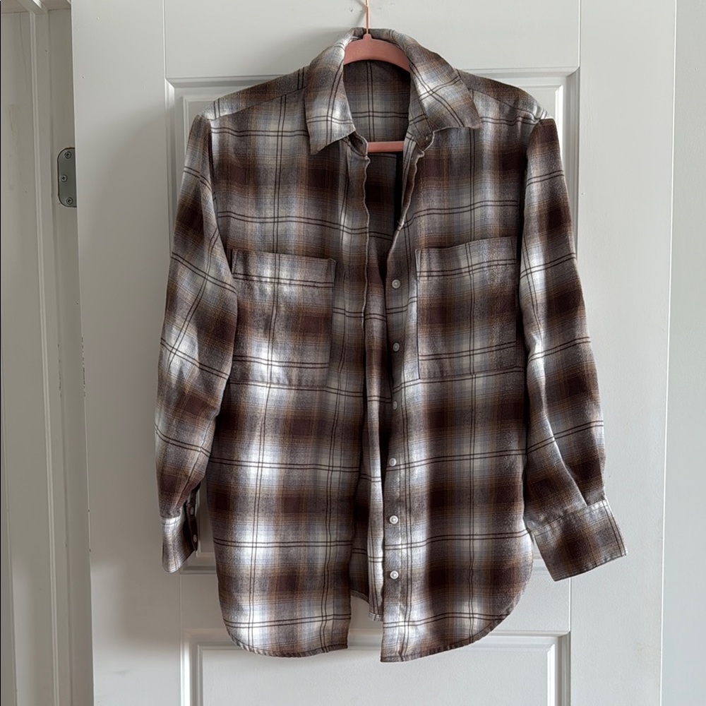 Brown and White Plaid Shirt
